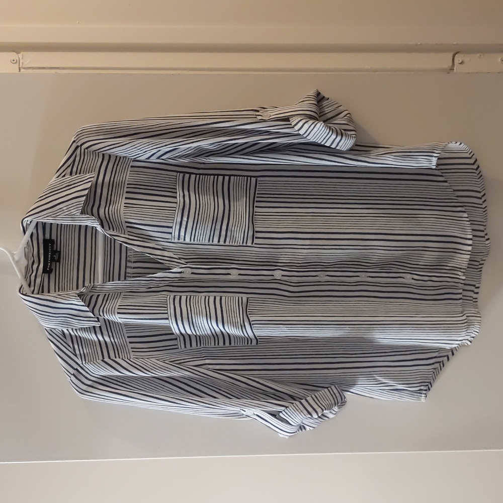 Fortune+Ivy Blue and White Striped Button-Up Top